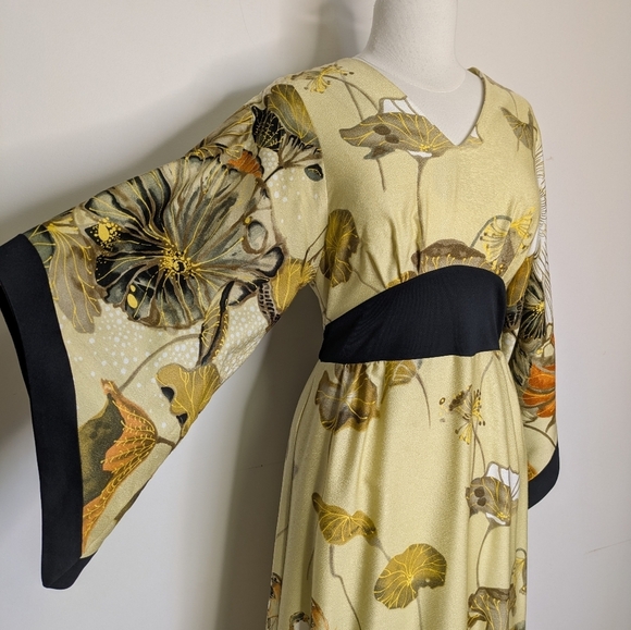 Japanese Style Kimono Maxi Dress Bird Pattern Size XS* 60s-70s - Picture 5 of 17